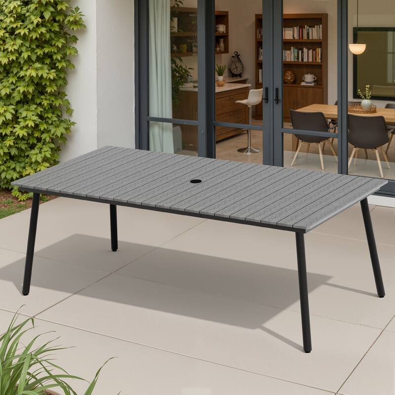 82.7in Outdoor Patio Rectangle Aluminum Wood-Like Dining Table with Umbrella Hole