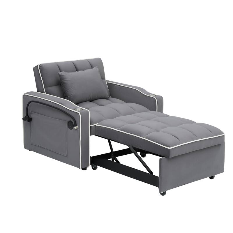 Versatile Foldable Sofa Bed In 3 Lengths, Velvet Pull-out Bed, Adjustable Back, USB Port And Ashtray And Swivel Phone Stand