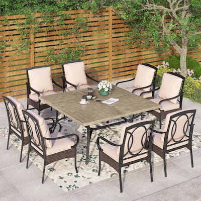 Metal Outdoor Dining Set for 8 with Square Table & Heavy-Duty Padded Fixed and Swivel Chairs, Patio Furniture Set (Beige)