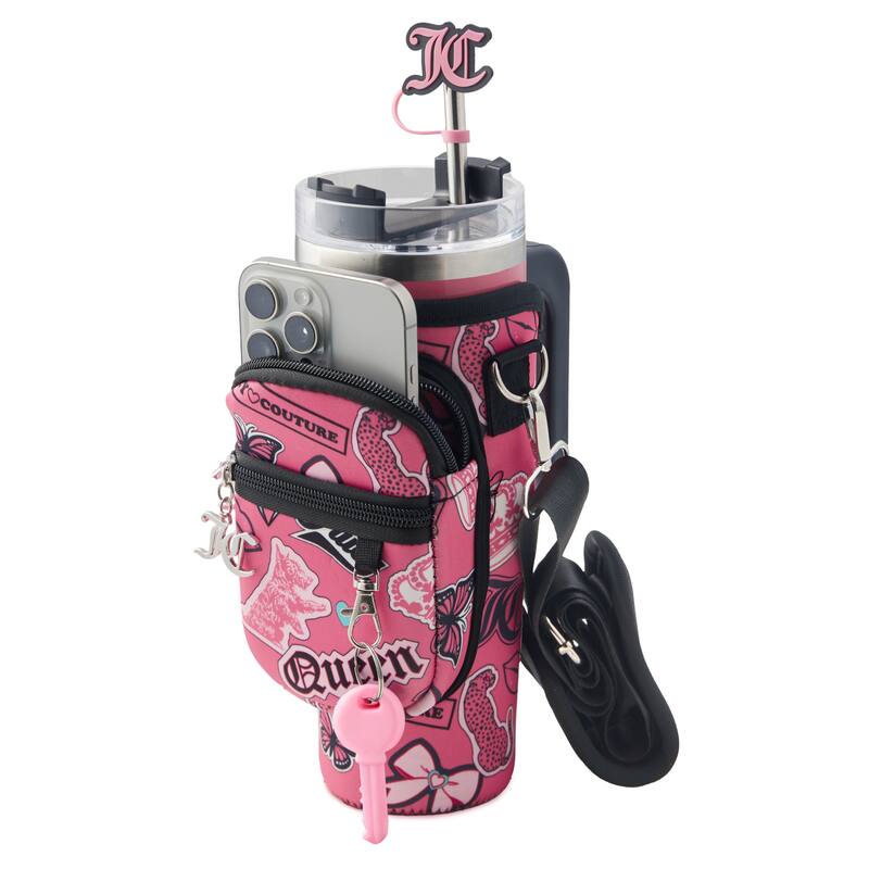 Juicy Couture Jetsetter Hydration Stainless Steel Tumbler with Handle, Straw & Topper with Neoprene Crossbody Pouch