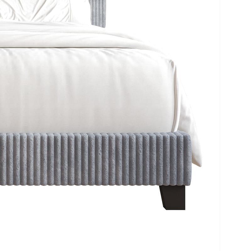 CraftPorch Corduroy 4-pieces Mid-Century Modern Grey Bed with Brown Furniture Bedroom Set