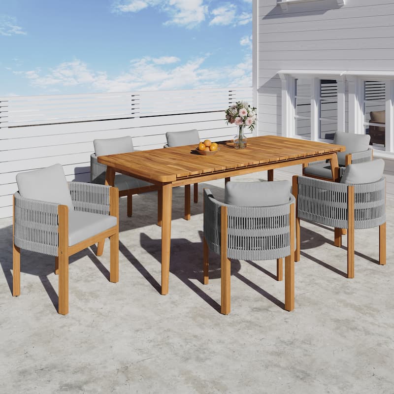 Christopher Knight Home - Kestrel Acacia Outdoor 7 Piece Dining Set with Slatted Tabletop and Washable Cushions - Teak Finish+Grey Rope+Grey Cushion