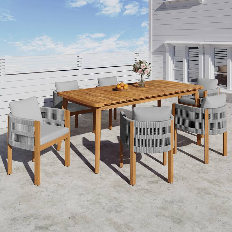 Roomfitters 7-Piece Outdoor Dining Set, Acacia Wood Patio Table and 6 Rope Woven Armchairs with Cushions