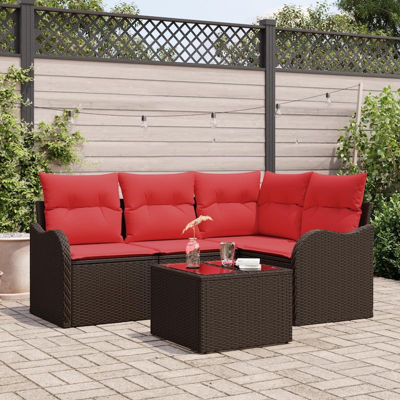 vidaXL 4/5 Garden Sofa Set with Cushions Black/Brown/Grey Poly Rattan - 69.9 x 48.2 x 27.2 - Brown with table