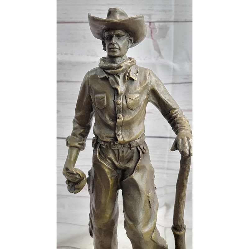 Cowboy In Chaps Holding Shovel Bronze Statue Sculpture Figure Country Western 12 Inches X 5 Inches