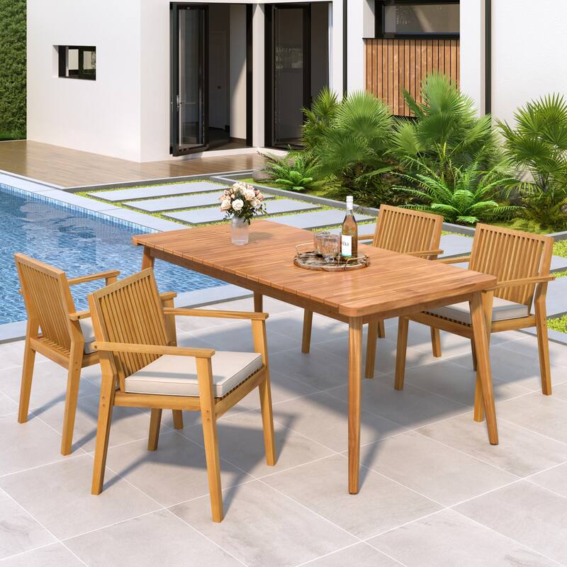 Roomfitters 5-Piece Acacia Wood Outdoor Dining Set, Patio Table and 4 Slatted Armchairs with Removable Cushions, Natural