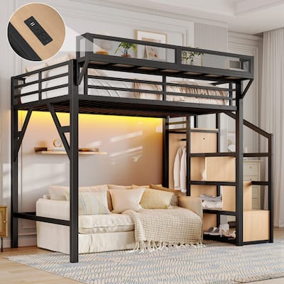 Twin XL/Full Metal Loft Bed with Storage Stairs, Built-in Wardrobe & USB Ports/LED Lights - Noise Reduced Design