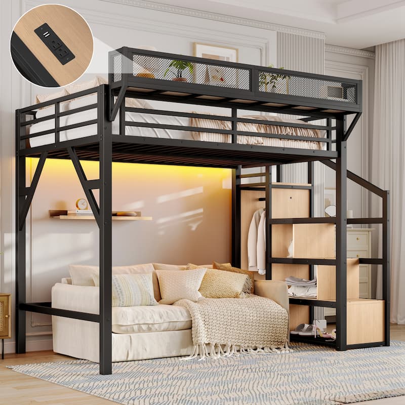 Twin XL Loft Bed Storage Stairs Wardrobe USB LED Metal Frame Noise reduced Natural Wood - Natural Wood
