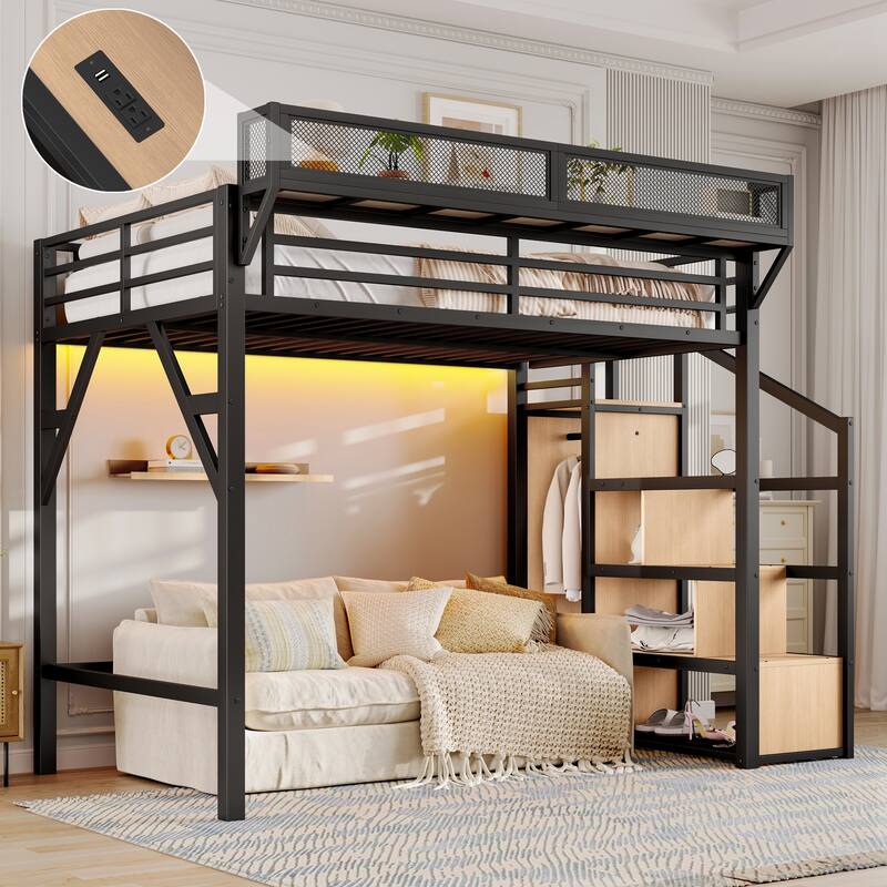 Twin XL Loft Bed with Storage Stairs, Shelves and Built-in Wardrobe, Metal Loft Bed Frame with USB Ports and LED Lights - Natural Wood