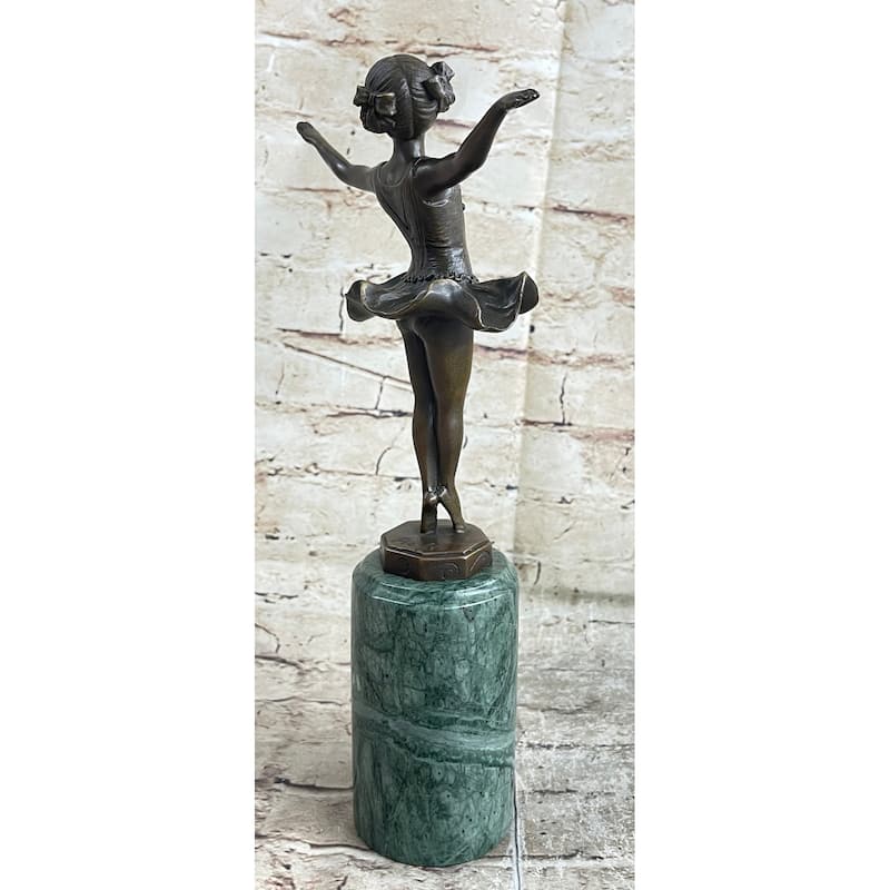 Ballerina Ballet Dancer Young Girl Bronze Figurine Sculpture On Green Marble Base