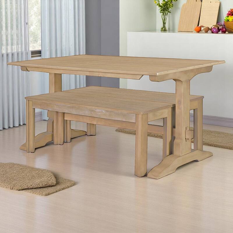 3-Piece Retro Dining Set, Rectangular Trestle Table and 2 Wood Benches, Vintage Dining Set for Dining Room or Kitchen