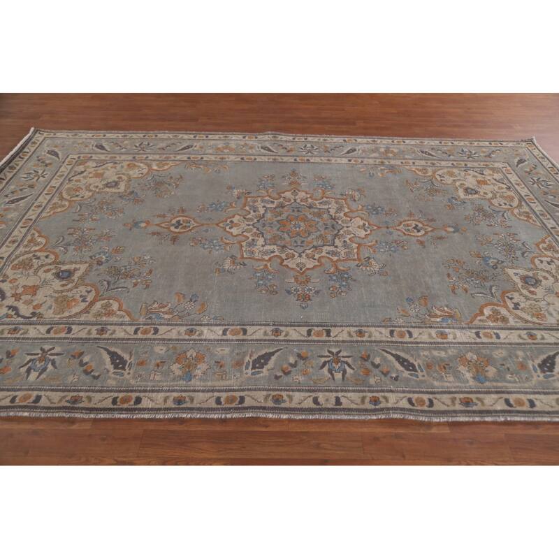 Hand Knotted Oriental 100% Wool Carpet Traditional Medallion Greys & Charcoal Tabriz Area Rug - 9' 7'' X 6' 8''