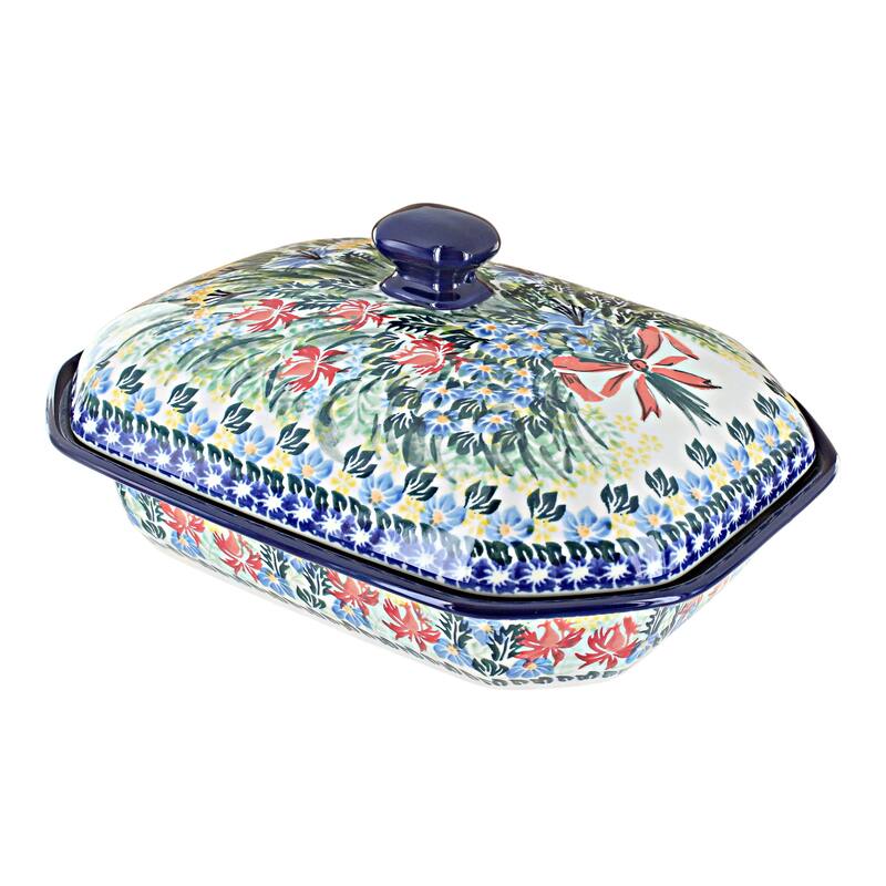 Blue Rose Polish Pottery 662 Ceramika Artystyczna Medium Covered Baker - Day Lily Bouquet