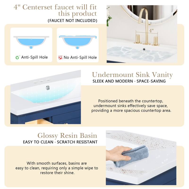 36'' Bathroon Vanity with Resin Sink Combo Set, Modern Freestanding Single Bathroom Cabinet with 6 Drawers & 2 Cabinets,Blue