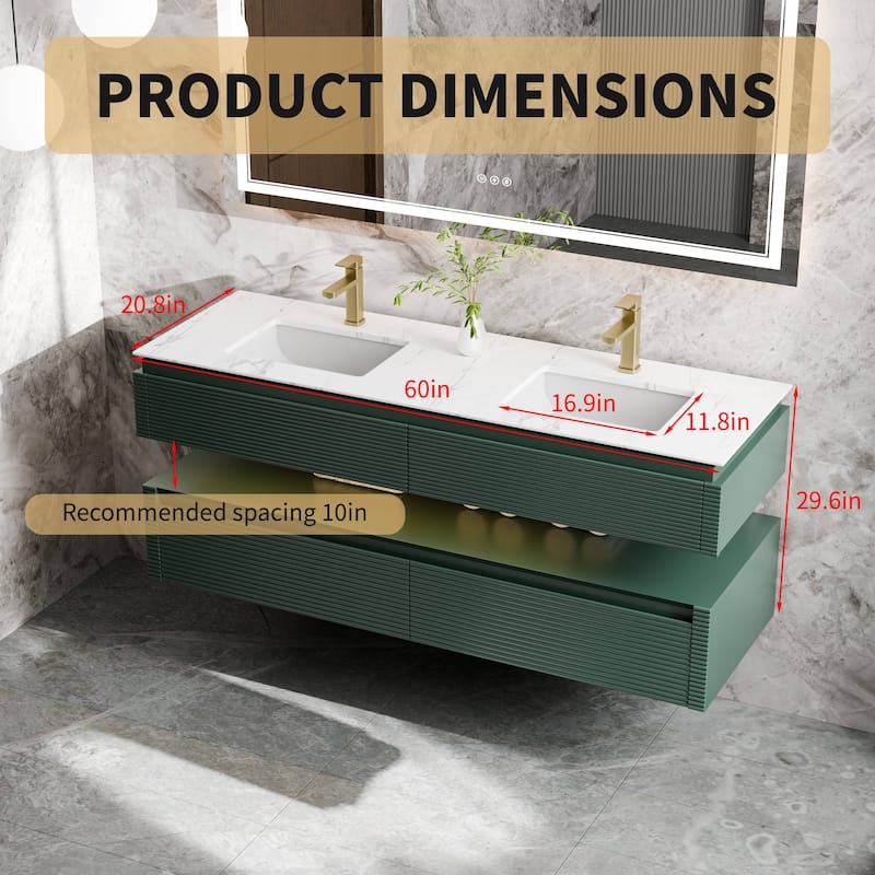 Modland 60" Modern Wall-Mounted Double Sink Bathroom Vanity with Engineered Stone Countertop, Soft-Close Drawers