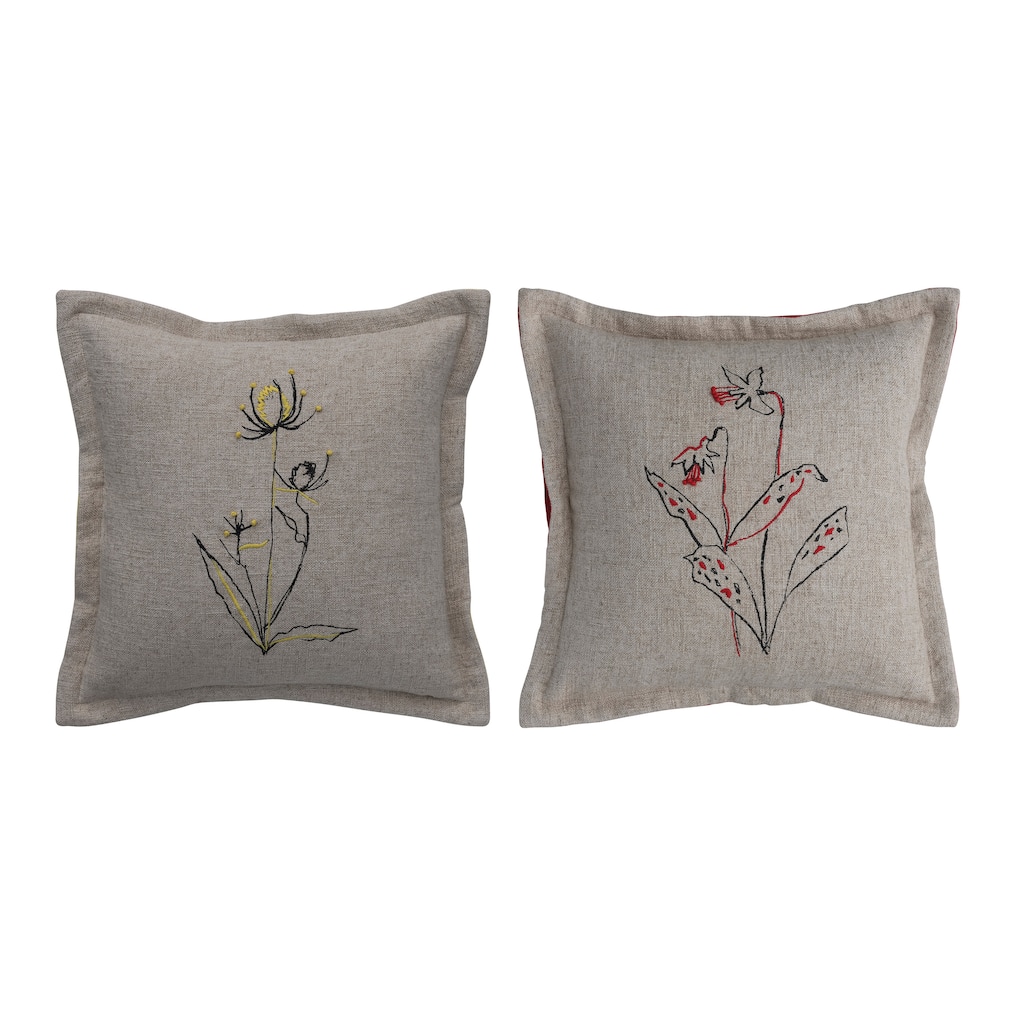 16" Linen Blend Pillow with Flower Embroidery