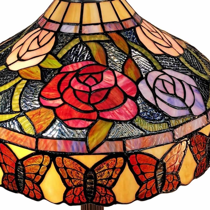 Dark Brown Metal Table Lamp with Multi Stained Glass Shade Pull Chains - 12” x 21” x 23” (D x W x H)
