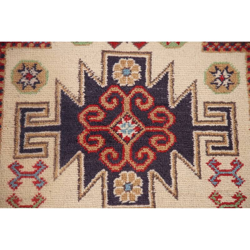 Geometric Beige Kazak Oriental Accent Rug Handmade Wool Carpet - 3'1"x 4'8"