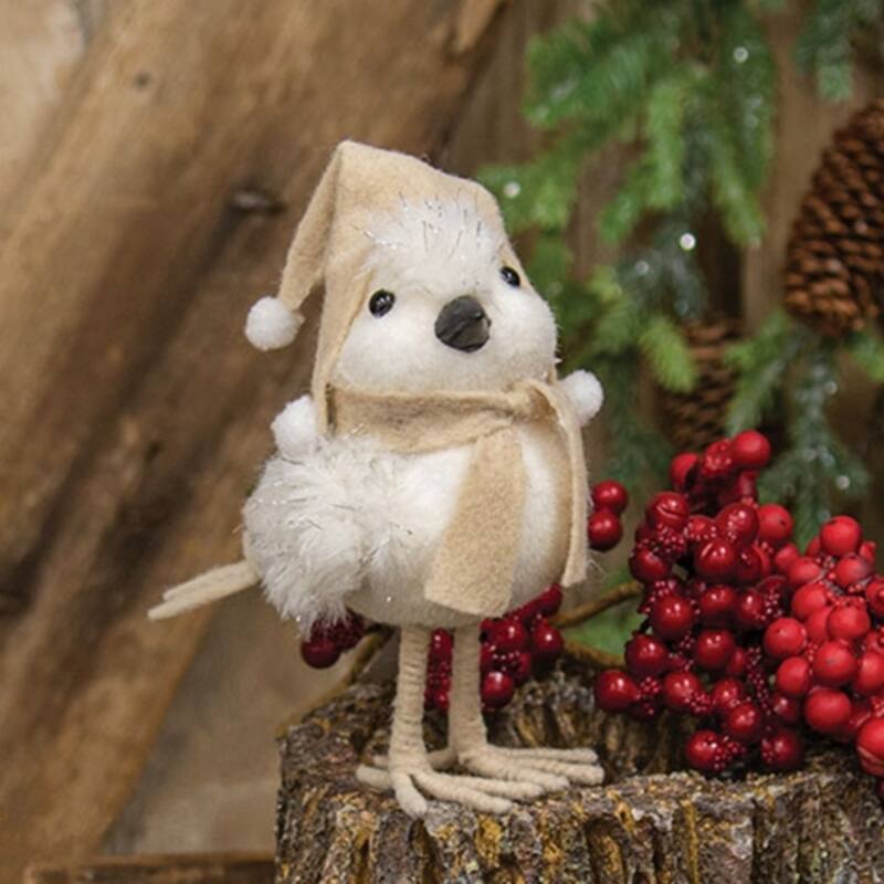 White Bird with Hat and Scarf Winter Holiday Decor Plush Tabletop Figurine - 6.25” high by 5” wide by 3.25” deep