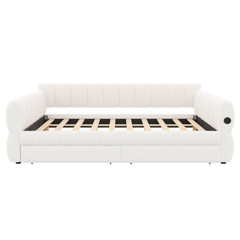 Upholstered Daybed with USB and Optional Platform Storage Bed with 2 Storage Drawers or Low Profile Sofa Bed with Trundle Bed