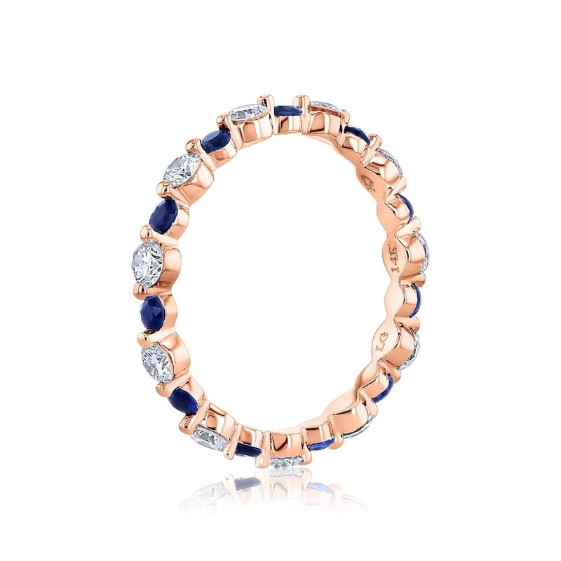 Kobelli Blue Sapphire & White Diamond 14k Gold Alternating Stackable Bead Prong Eternity Ring