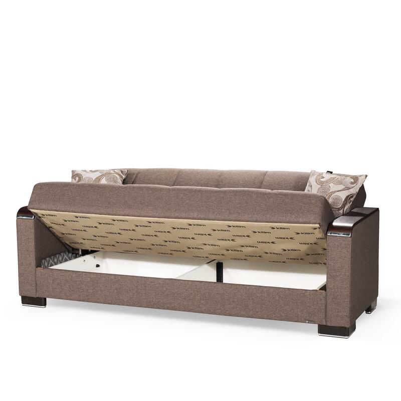 HomeRoots 87" Brown Chenille Convertible Futon Sleeper Sofa And Toss Pillows With Storage