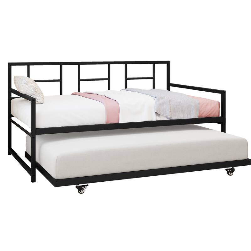 Moasis Twin Daybed with Pull Out Trundle, Metal Trundle Bed - Black - Twin
