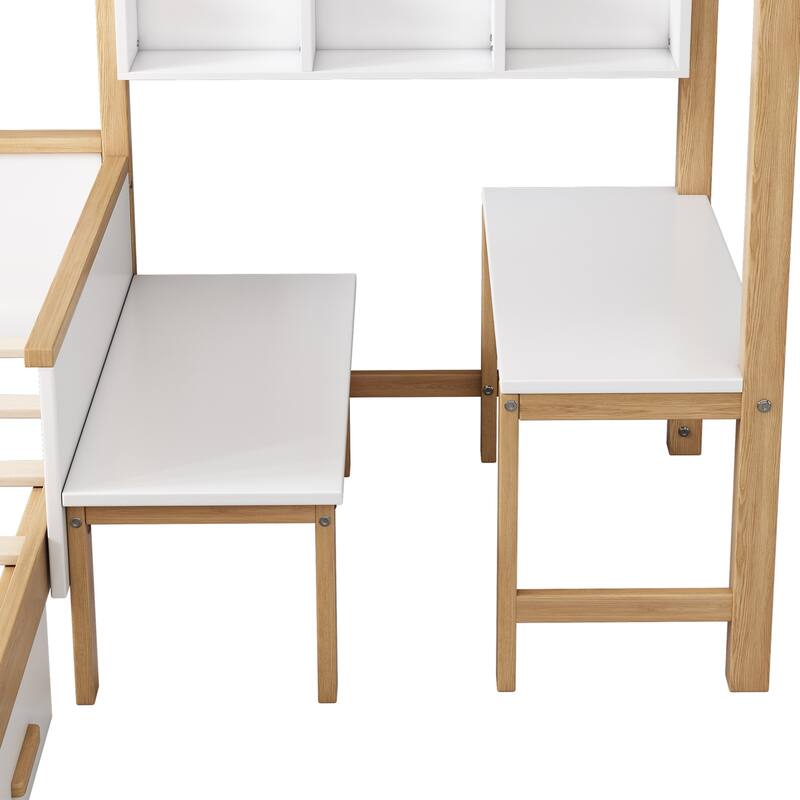 Full Size House Bed for Kids with Study Desk, Large Drawer, and Bookshelf Storage, White and Natural Wood Design