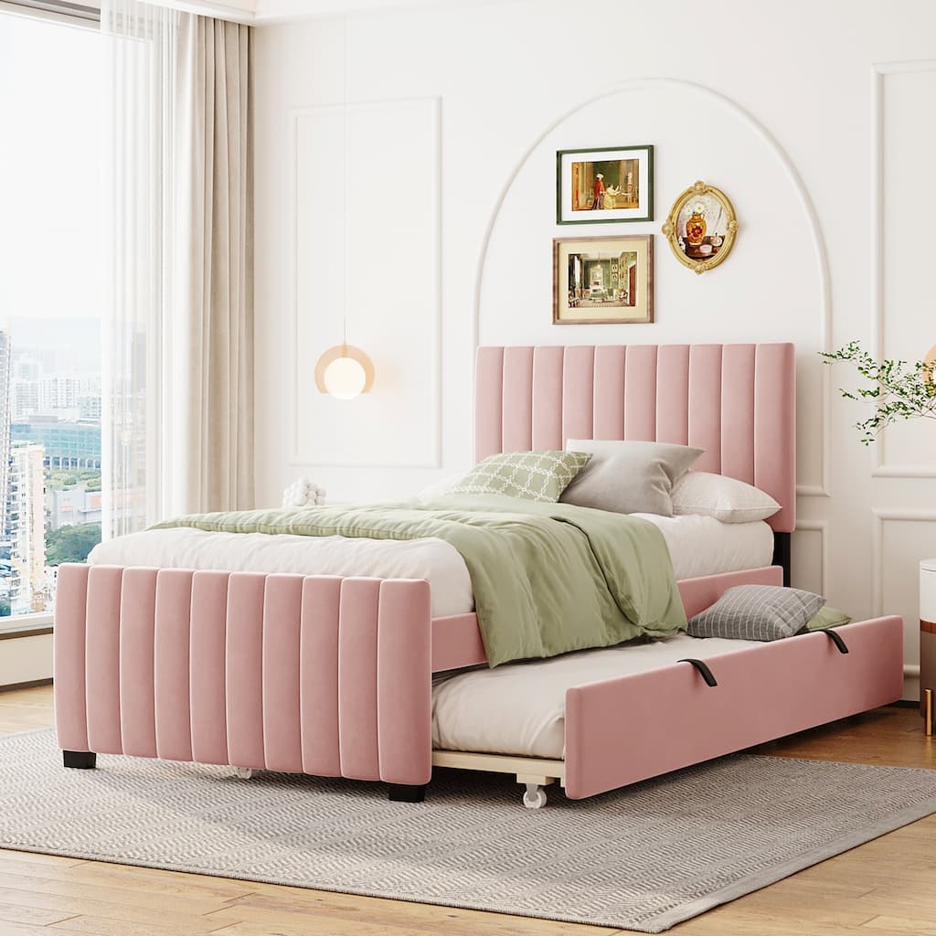 Twin Size Platform Bed Stylish Velvet Upholstered Bed Frame with Headboard and Footboard & Pull Out Twin Size Trundle, Pink