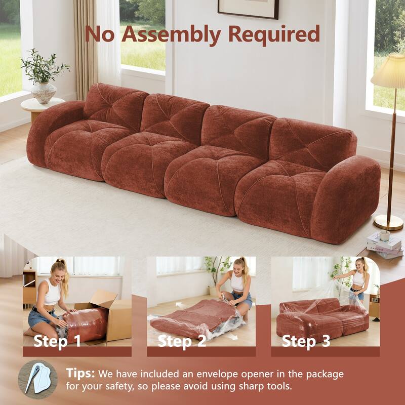 Rossetta 140" 4-Seater Soft Velvet Boneless Modular Sectional Sofa with Tufted Design, No Assembly Required