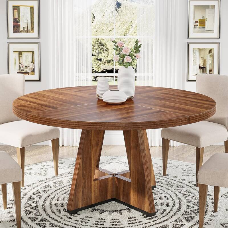 47" Round Wood Dining Table 4-Seater Farmhouse with Wooden Tabletop Cross Base for Dining Room/Kitchen