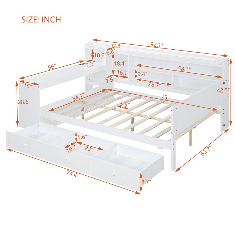 Full Size Modern Wooden Daybed with 3 Drawers, USB Ports & Desk