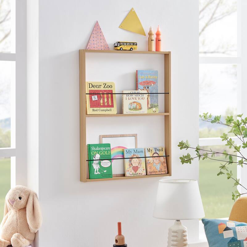 Danya B. Steiner Beech Square Modern 2-Tier Kids Wall Mounted Bookshelf with Contrasting Black Rods