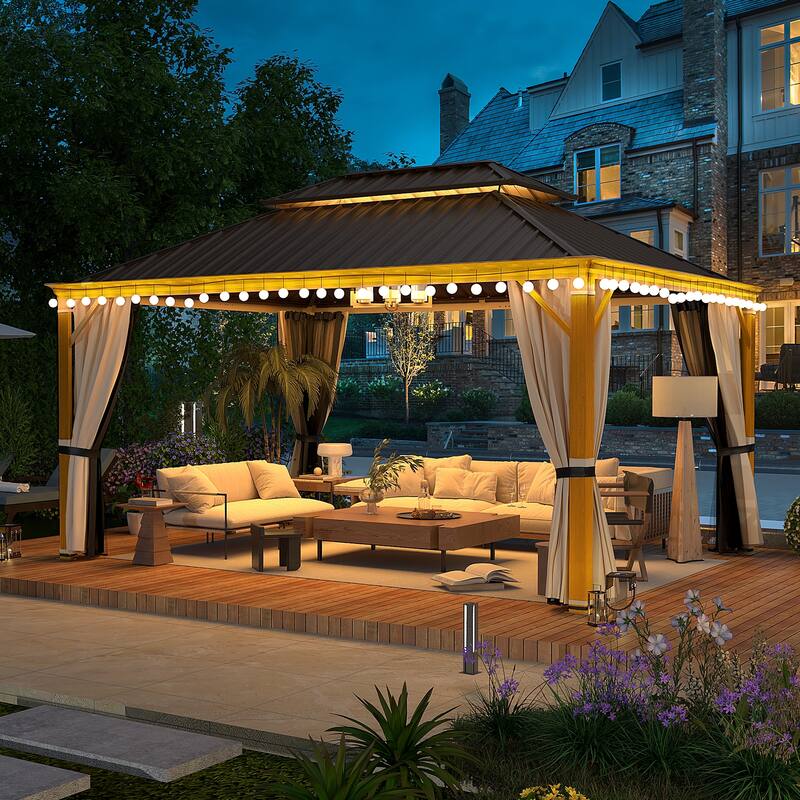 EROMMY Hardtop Gazebo with Galvanized Steel Roof and Curtains, Outdoor Aluminum Pavilion for Patio, Backyard, Lawn