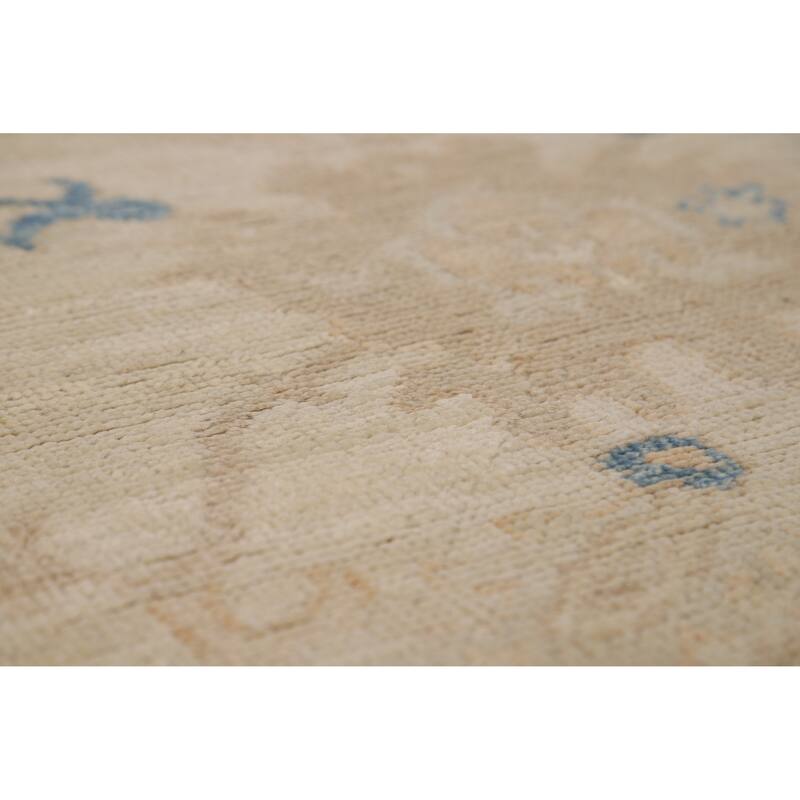 Vegetable Dye Oushak Turkish Rug Hand-Knotted Beige Wool Carpet - 5'0"x 6'7"