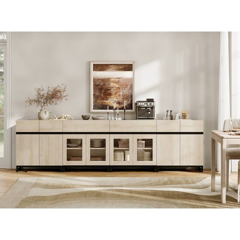 4 in 1 Sideboard Buffet Cabinets with 2 Drawers & Glass Doors, Modern Credenza with Adjustable Shelf and Metal Base