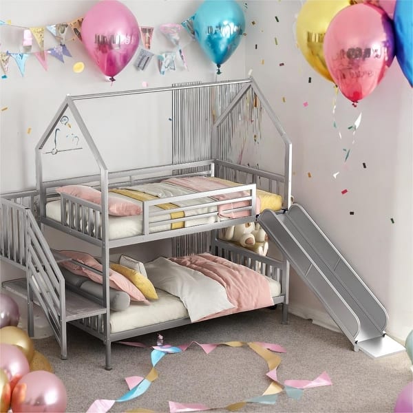 slide 2 of 18, Twin over Twin Metal Bunk Bed House Bed with Slide and Staircase for Home Silver