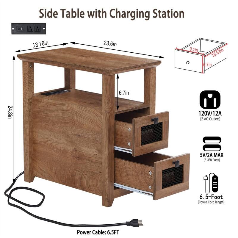 End Table with Charging Station - 13.78"D x 23.6"W x 24.8"H