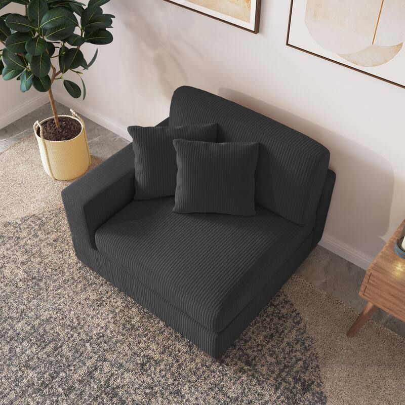 Upholstered Corduroy Modular Sectional Sofa with 2 throw pillows - Grey Arm Chair - Left Facing