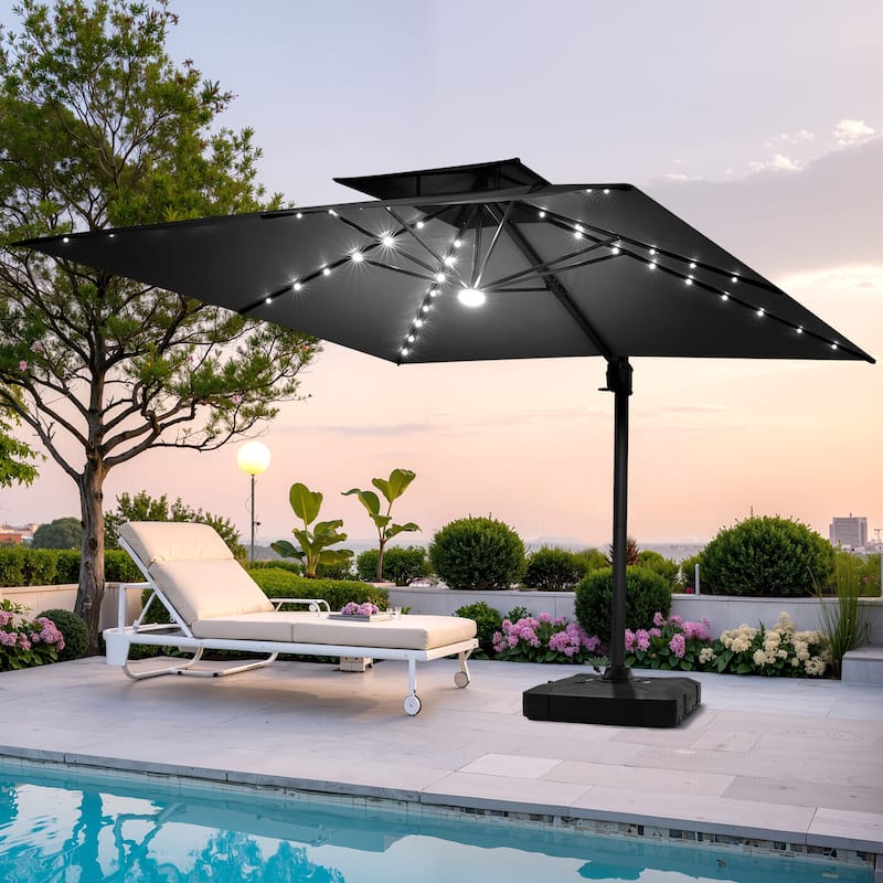 Pellebant 9x11FT Outdoor Dual Top Cantilever Patio Umbrella LED Light with Wheel Base - Black