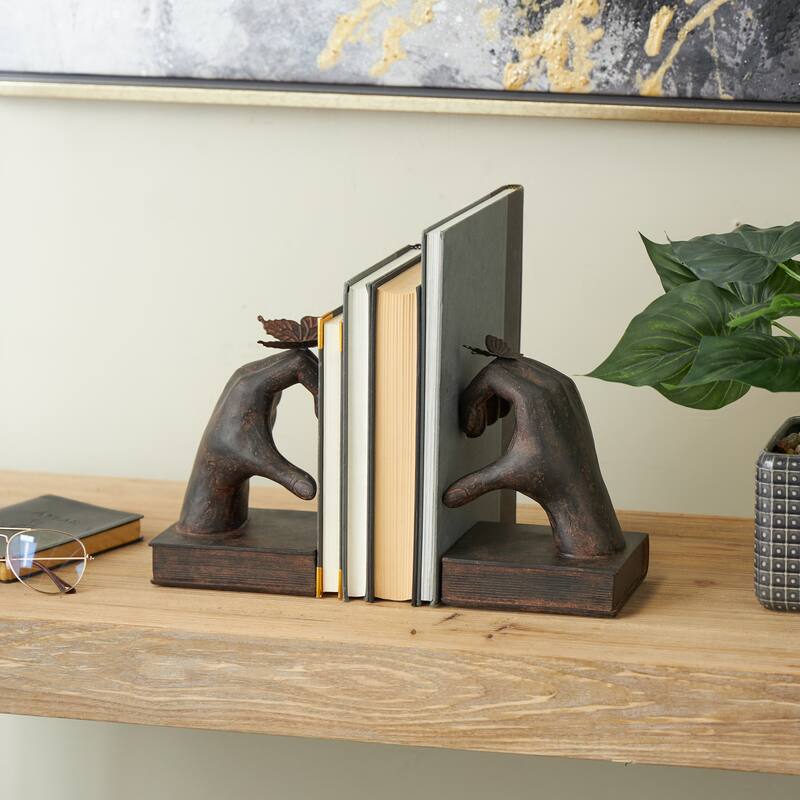 Resin Hands Heart Inspired Decorative Bookends with Butterfly and Copper Accents - Set of 2 Dark Brown - Roche River Decor