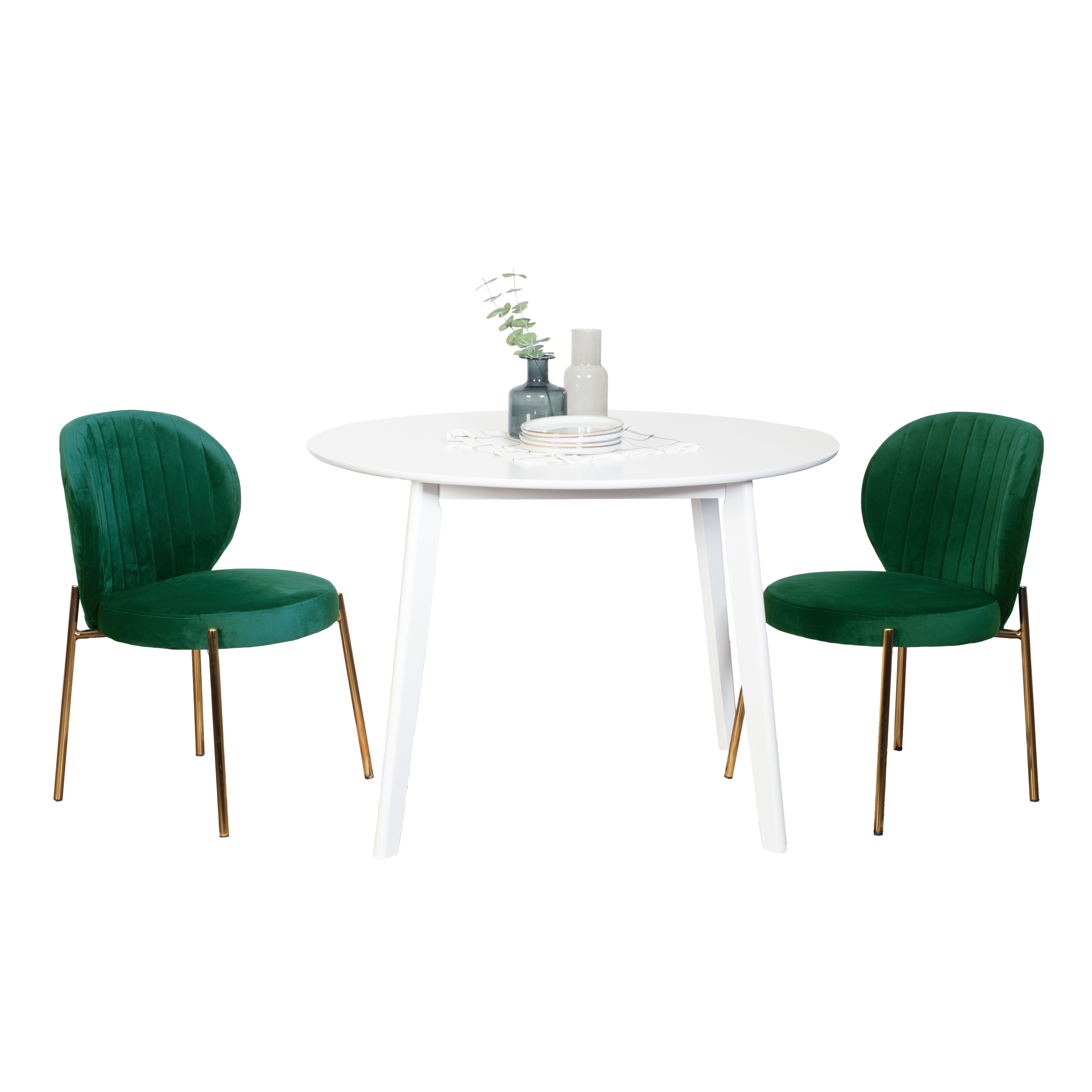 3-Piece Dining Set with 2 Green Velvet Chairs and Round Dining Table