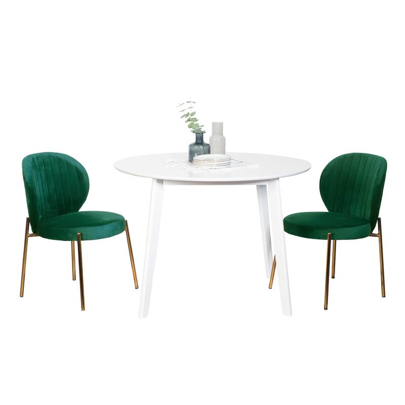 3-Piece Dining Set with 2 Green Velvet Chairs and Round Dining Table - White Green