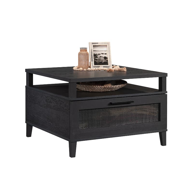 Engineered Wood Coastal Coffee Table with Spacious Drawer, Black - 31.5"W x 31.5"D x 20.98"H