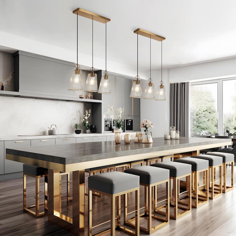 Modern 3-Light Gold Chandelier Textured Glass Kitchen Island Lights - W 25.1" x H 72.9"