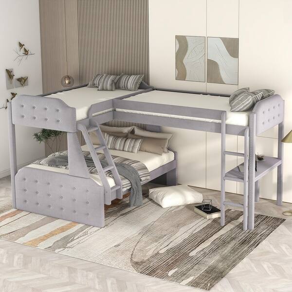 slide 2 of 12, L-Shaped Twin over Full Bunk Bed with Desk and Upholstered Panels Gray