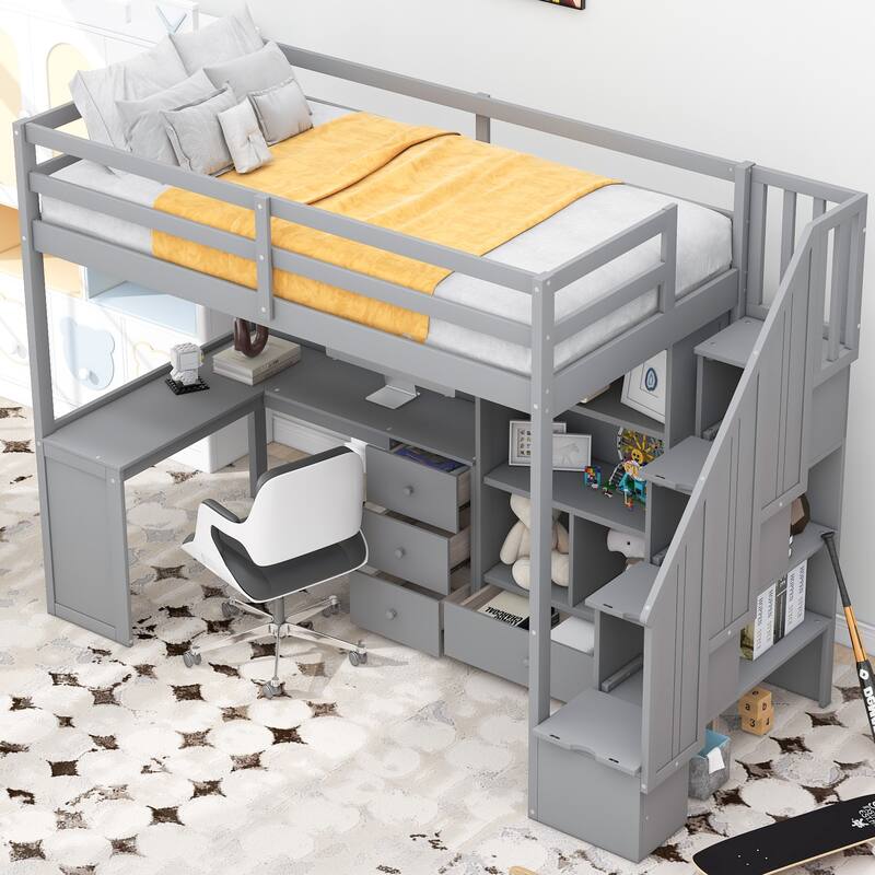 Twin/Full Loft Bed with L-Shaped Desk and Storage Staircase, Multi-Functional Solid Wood Loft Bed Frame with Drawers & Bookcase
