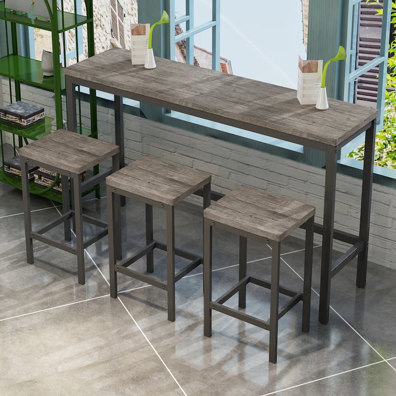 Long Dining Table Set with 3 Stools Pub Kitchen Set Side Table with Footrest