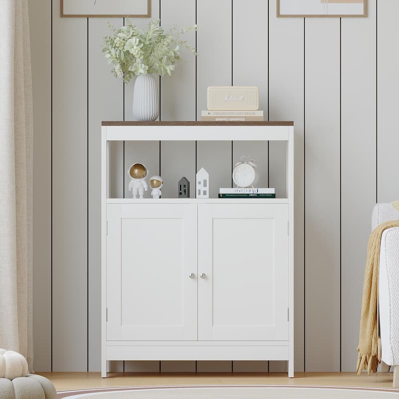 Modern Storage Cabinet with Double Doors, Free-Standing Bathroom Cabinet with Adjustable Shelf and Natural Wood Top