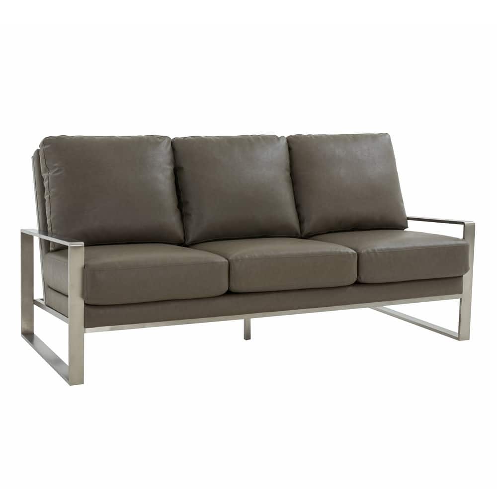 Jefferson 3 Seater Leather Sofa in Brushed Silver Stainless Steel Frame with Armrest and Pocket Spring Couch - 77.1